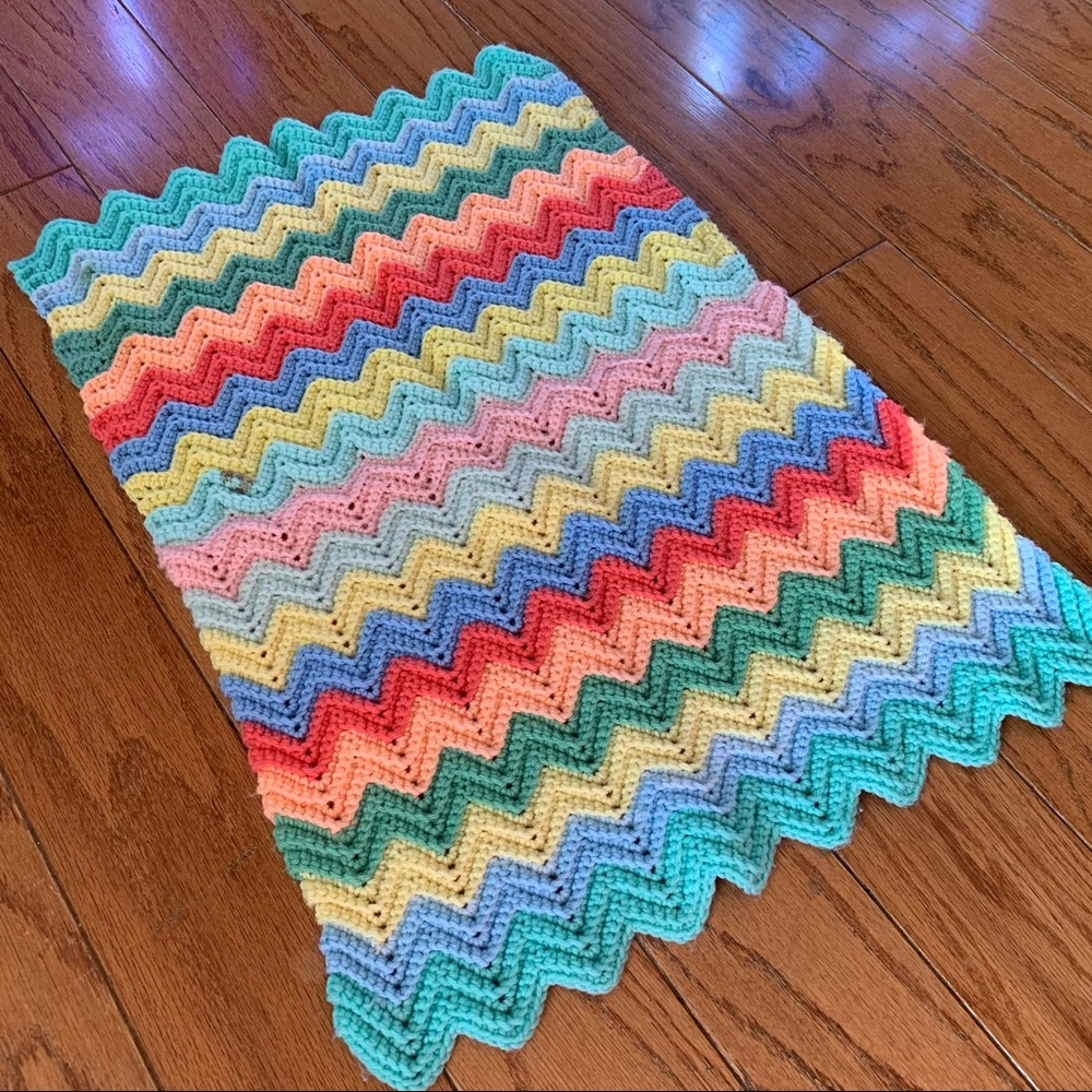 Vintage Pastel Crochet Hand Knit Rainbow Afghan Throw Accent Granny Blanket
